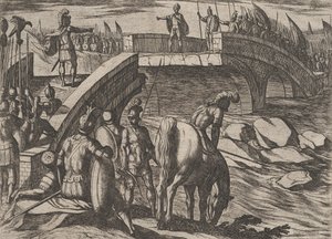 Plade 36: Civilis og Cerialis mødes på en knust bro for at nå til enighed, fra The War of..., 1611. af Antonio Tempesta
