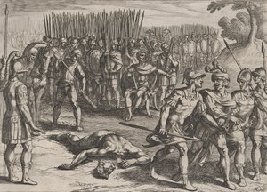 Plade 3: Claudius Civilis arresteret og hans bror Paulus halshugget, fra The War of the Ro..., 1611. af Antonio Tempesta