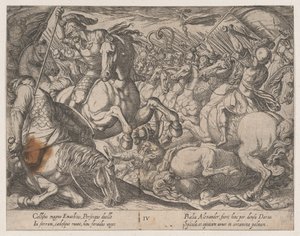 Plade 4: Alexander kæmper mod perserne, fra Alexander den Stores gerninger, 1608. af Antonio Tempesta