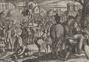 Plade 5: Bruno udnævnt til leder af hundefaterne, fra The War of the Romans Against the..., 1611. af Antonio Tempesta