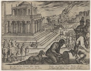 Plade 5: Mausolus grav, stenhuggere laver en søjle til højre, fra De syv vidundere..., 1608. af Antonio Tempesta