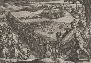 Plade 6: Romerne besejret nær Rhinen, fra The War of the Romans Against the Batavians ..., 1611. af Antonio Tempesta
