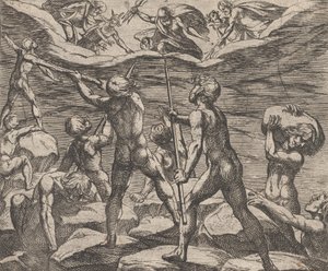 Plade 6: Kæmperne forsøger at storme Olympus Gigantomachia, fra Ovids 