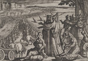 Plade 8: Kvinder og børn observerer Civilis, der kæmper mod romerne, fra The War of the Roma..., 1611. af Antonio Tempesta