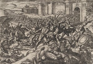 Plade 9: Romerne besejret af de hollandske tropper ved Bonna, fra The War of the Romans Agai..., 1611. af Antonio Tempesta