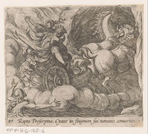 Pluto fortærer Proserpina, der sygner ud af nymfen Cyane Bortført af Proserpina bliver Cyane forvandlet til sin egen pool (titel på objektet) Metamorfoseon eller transformationer (serietitel) Metamorfosen van Ovidius (serietitel) af Antonio Tempesta