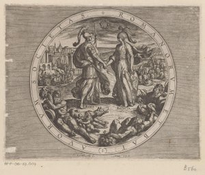 Rom en Batavia skudden hinanden de hånd Society of the Romans and the Dutch (titel på objekt) De Bataafse oorlogen tegen de Romeinen (serietitel) Hollændernes slag med romerne (serietitel) af Antonio Tempesta