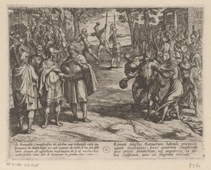 Romerne køber de unge hollandske mænd af de hollandske ældre De bataviske krige mod romerne (serietitel) Batavorum cum Romanis Bellum (serietitel) af Antonio Tempesta