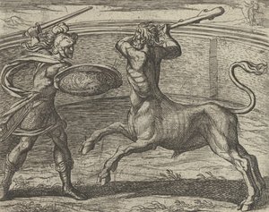 Theseus and the Minotaur Minotaurum Theseus vincit, fra The Metamorphos..., udgivet efter 1606.