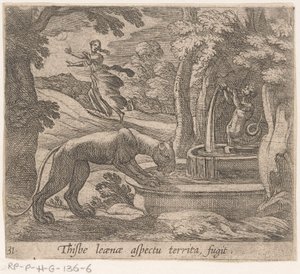 Thisbe vlucht voor the leeuwin ved bron Dette er aspektet af territoriets fugit (titel på objektet) Metamorfose og transformation (serietitel) The Metamorphoses of Ovid (serietitel) af Antonio Tempesta