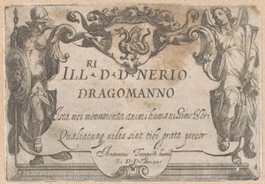 Titeltryk med kartouche med dedikation, flankeret af Minerva og Faam Jagtscener (del 1) (serietitel) af Antonio Tempesta