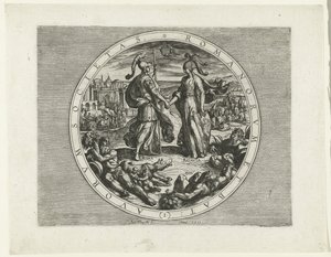 Titelprent voor de serie De Bataafse Opstand, 69-70 Society of the Romans and the Dutch (1) (titel på objektet) De Bataafse Opstand (serietitel) Hollændernes krig med romerne, à Cor. Tacito / De Batavische Oft Oude Hollandtsche Oorloghe teghen de Romeynen  af Antonio Tempesta