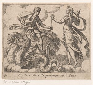 Triptolemus ontagunt de wagon van Ceres Ceres lærer Triptolemus afgrøden (titel på objekt) Metamorfoseon eller transformationer (serietitel) Metamorfosen van Ovidius (serietitel) af Antonio Tempesta