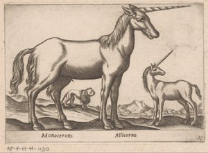 To enhjørninger og en løve Monocerons/ Allicorno (titel på objekt) Dyr og mytiske væsner (serietitel) Nova raccolta de li animali piu curiosi del mondo (serietitel) af Antonio Tempesta