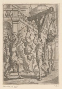 Brændende hænger på hovedet og slår Tortur udsat af kristne martyrer (serietitel) Varia tormentorum et supplicioru crudelium (...) (serietitel) af Antonio Tempesta