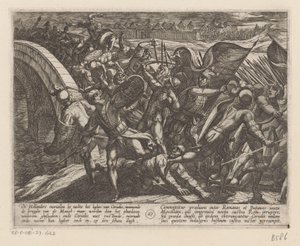 Overraskelsesangreb på den romerske lejr ved Mosel De bataviske krige mod romerne (serietitel) Batavorum cum Romanis Bellum (serietitel) af Antonio Tempesta