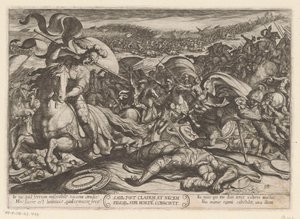 Sauls selvmord efter hans nederlag af filistrene Saul post cladem et necem fillor sibl morte conscivit (titel på objekt) Det Gamle Testamentes kampscener (serietitel) af Antonio Tempesta