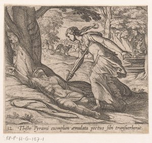 Zelfmoor van Thisbe Thijsbe havde tværgående sit bryst efter Pyramus eksempel (titel på objekt) Metamorfoseon eller transformationer (serietitel) Metamorfosen van Ovidius (serietitel) af Antonio Tempesta
