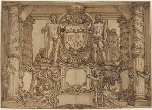Et arkitektonisk vægdesign til ære for Henry IV, den galliske Hercules af Antonio Tempesta or Agostino Ciampelli