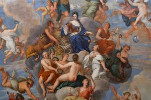 Dronning Anne omgivet af et væld af personificerede dyder, detalje af Dronningens Drawing Room loftet af Antonio Verrio