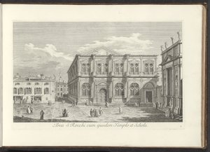Udsigt over Campo San Rocco te Venetië Område af S. Rocchi med samme tempel og skole (titel på objekt) Gezichten op bugemenen en pleinen in Venetië (serietitel) De mere berømte udsigter over byen Venedig fra Antoniuskanalens 38 paneler, indgraveret i messi af Antonio Visentini