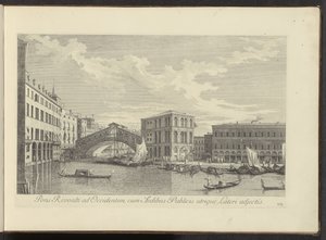 Se på Canal Grande, Palazzo dei Camerlenghi og Rialtobrug i Venedig Rivoalti-broen mod vest, med de offentlige bygninger knyttet til begge sider (titel på objektet) De mest berømte udsigter over byen Venedig, fra Antonius-kanalens 38 paneler, ex af Antonio Visentini