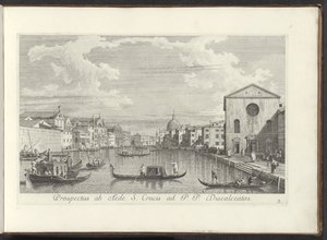 Se på Canal Grande, Santa Maria di Nazareth og San Simeone Piccolo i Venedig Prospekt fra Det Hellige Kors Hus til P. P. Discalceatos (titel på objekt) De mest berømte udsigter over byen Venedig, fra Antoniuskanalens 38 paneler, trykt i messing af A af Antonio Visentini