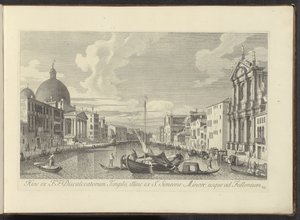 Se på Canal Grande, Santa Maria di Nazareth og San Simeone Piccolo i Venedig Derfor fra F.F. Temple of the Discalced, ud over fra S. Simeon Minor til Fullonium (titel på objekt) Den mest berømte udsigt over byen Venedig, fra Antonius-kanalen af Antonio Visentini