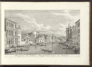 Se på Canal Grande og Palazzo Flangini i Venedig Udsigt fra husene i Flanginos til Bembos (titel på objekt) De mest berømte udsigter over byen Venedig, fra Antonius-kanalens 38 paneler, trykt i messing af Antonio Visentini, i tre dele af Antonio Visentini