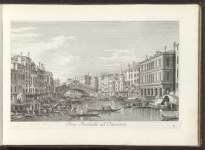 Se på Canal Grande og Rialtobrug i Venedig Rivoalti-broen mod øst (titel på objekt) De mest berømte udsigter over byen Venedig, fra Antonius-kanalens 38 paneler, trykt på messing af Antonio Visentini, opdelt i tre dele. den anden del (ser af Antonio Visentini