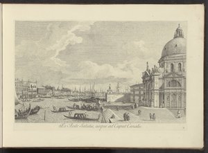 Se på Canal Grande en de Santa Maria della Salute i Venedig Fra Frelsens Hus til Kanalhovedet (titel på objekt) Den mest berømte udsigt over byen Venedig, fra Antonius-kanalens 38 paneler, trykt på messing af Antonio Visentini, i tre dele