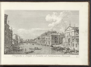 Se på Canal Grande og kirken i San Stae te Venetië Udsigt fra Sankt Eustathius-templet til Rivoaltis understrukturer (titel på objektet) Den mest berømte udsigt over byen Venedig, fra Antonius-kanalens 38. paneler, trykt i messing af Antonio Visentini på s