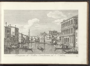 Se på Canal Grande og toren af ​​San Vitale i Venedig Udsigt fra Cornelius-huset til St. Vital (titel på objekt) Den mest berømte udsigt over byen Venedig, fra Antonius-kanalens 38 paneler, trykt i træ af Antonio Visentini af Antonio Visentini