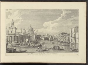Se på Canal Grande i Venedig Leder af kanalen og indgangen til byen (titel på objekt) De mest berømte udsigter over byen Venedig, fra Antonius-kanalens 38 paneler, trykt på messing af Antonio Visentini, opdelt i tre dele. første del (serietitel