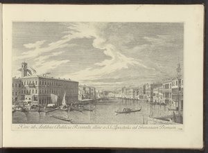 Se på Canal Grande i Venedig Herfra til de offentlige huse i Rivoalti, på den anden side fra SS. Apostle til Grimana House (titel på objekt) De mest berømte udsigter over byen Venedig, fra Antoniuskanalens 38 paneler i messing, trykt af Antonio Visentini i af Antonio Visentini