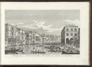 Se på Canal Grande i Venedig Udsigt fra understrukturerne i Rivoalti til Aedes Civranorum (titel på objekt) De mest berømte udsigter over byen Venedig, fra Antonius-kanalens 38 paneler, trykt på messing af Antonio Visentini, opdelt i tre dele. s