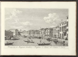 Se på Canal Grande i Venedig Udsigt over Canal Grande fra regionen St. Clare til Det Hellige Kors Hus (titel på objektet) De mest berømte udsigter over byen Venedig, fra Antonius-kanalens 38 paneler, trykt på luft af Antonio Visentini, i tre dele af Antonio Visentini