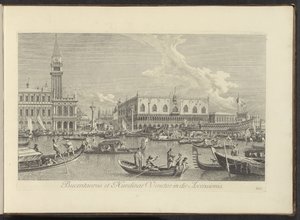 Se på Canal Grande te Venetië med de Bucintoro van de doge Bucentaurus og Nundinae Venetae på Kristi Himmelfartsdagen (titel på objekt) Den mest berømte udsigt over byen Venedig, fra Antonius-kanalens 38 paneler, trykt i luften af ​​Antonio Visentini af Antonio Visentini
