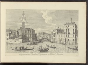 Se på Cannaregio i Palazzo Labia te Venetië Indgang til Royal Canal fra St. Jeremiahs hus (titel på objektet) De mest berømte udsigter over byen Venedig, fra Antonius-kanalens 38 paneler trykt i luften af ​​Antonio Visentini, opdelt i tre dele af Antonio Visentini