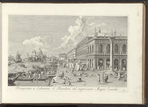 Hoek van het San Marcoplein med de Biblioteca Marciana Udsigt fra St. Theodors søjle til indgangen til Canal Grande (titel på objektet) De mest berømte udsigter over byen Venedig, fra Antoniuskanalens 38 paneler i messing, trykt af Antonio Visentini i dele af Antonio Visentini