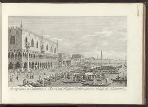 Hoek van het San Marcoplein met het Dogepaleis en de zuil met de Leeuw van Venetië Udsigt fra St. Mark-søjlen til Bank of Dalmatia vulgò de