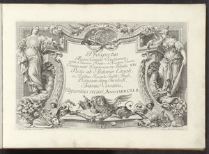 Titeltryk med kartouche med Visdom og Magt Udsigt over Canal Grande i Venedig (serietitel) Prospectus Magni Canalis Venetiarum (serietitel på objekt)