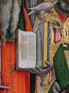 St. Jeromes Bible og St. Gregorys Dove, detalje af venstre panel fra The Virgin Enthroned with Saints Jerome, Gregory, Ambrose and Augustine, 1446 olie på lærred efter restaurering se 160893-99
