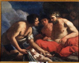 Palamedes og Odysseus med Telemachus (?) baby (Palamedes og Odysseus). Maleri af Antonio Zanchi (1631-1722). Olie på lærred