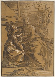 Den hellige familie med to hellige. af Antonio da Trento