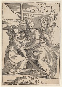 Den hellige familie med to hellige. af Antonio da Trento