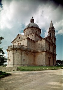 Udsigt over kirken San Biagio, bygget af arkitekten Antonio da Sangallo den tidligere (1453-1534) 1518-1545 Montepulciano, Toscana. Italien af Antonio da the elder Sangallo