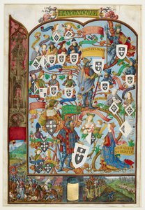 Slægtstræ for kongerne af Portugal, der viser afstamningen fra Sancho Capello og Alfonso III. Nederste margin: slaget ved Salado i 1340 af Antonio de Hollanda