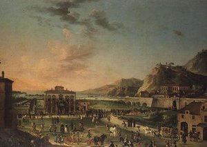 Et capriccio panorama af rejsen for Charles III, konge af de to Sicilier, fra hans villa i Portici til Palazzo Farnese i Rom af Antonio de dipi (attr. to) Joli