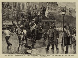 Den militære værnepligt i Paris, værnepligtige, der vender tilbage fra lodtrækningen i Palais de L